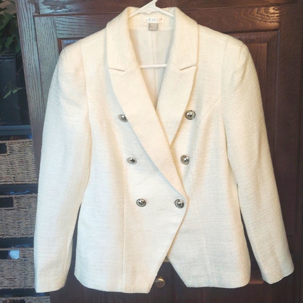NWOT venus ivory/white tweed double breasted blazer sz 8 silver buttons